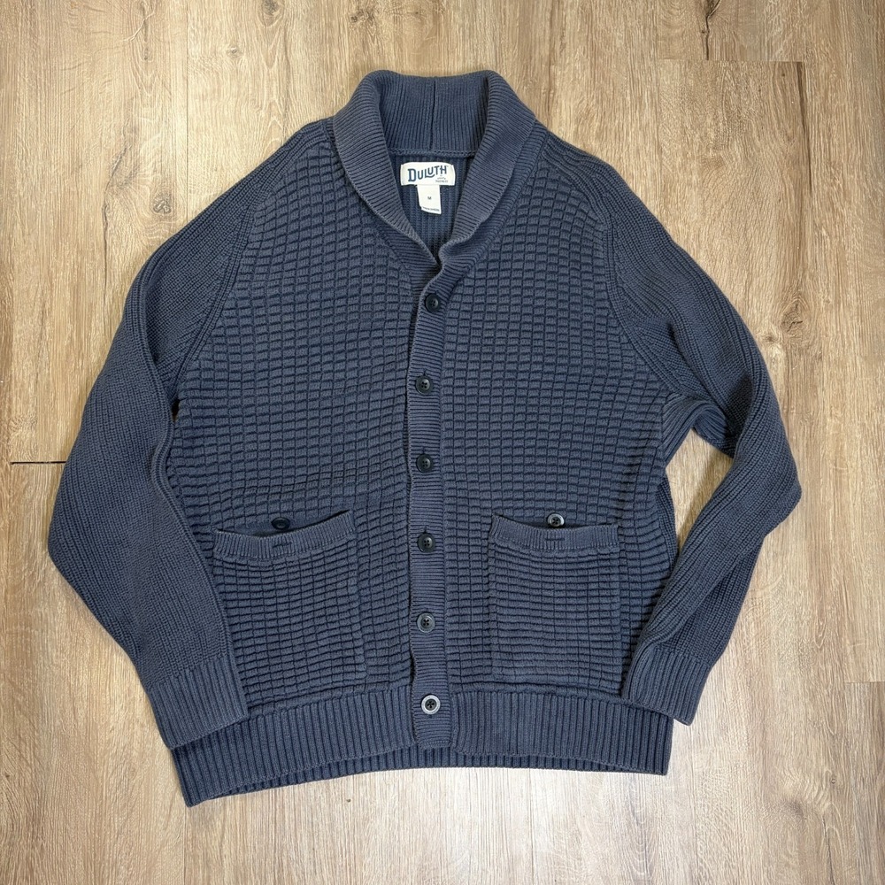 Duluth Burly Retirement Shawl Collar Cardigan Large Navy Blue Cotton Heavyweight